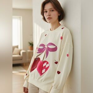 939. Heart bow crewneck sweatshirt in cream